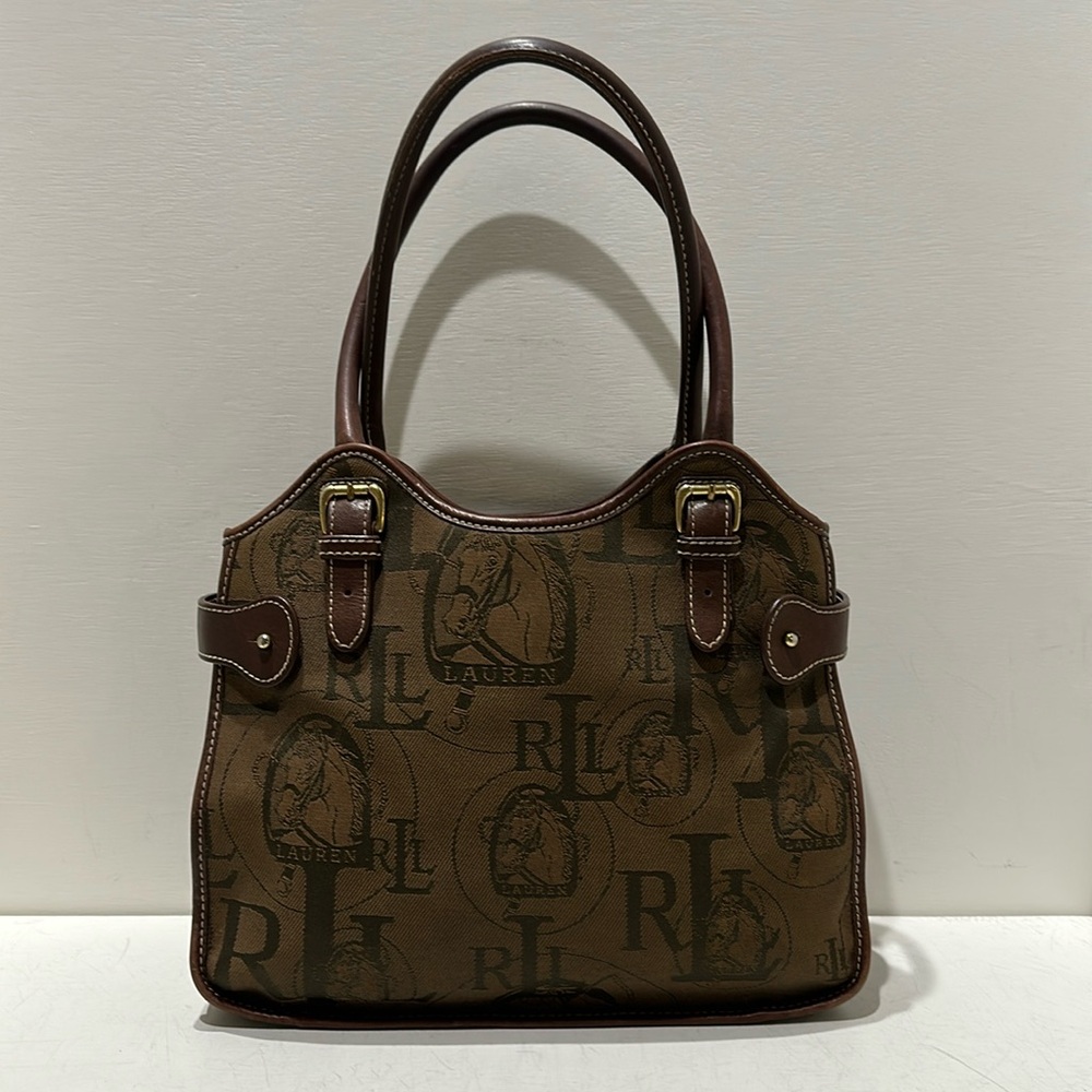 LAUREN RALPH LAUREN Brown Logo Canvas/ Brown Leather Handbag/ Shoulder Bag